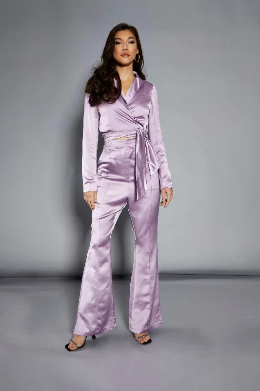 Glamorous Studio Lavender Satin Cropped Wrap Blazer