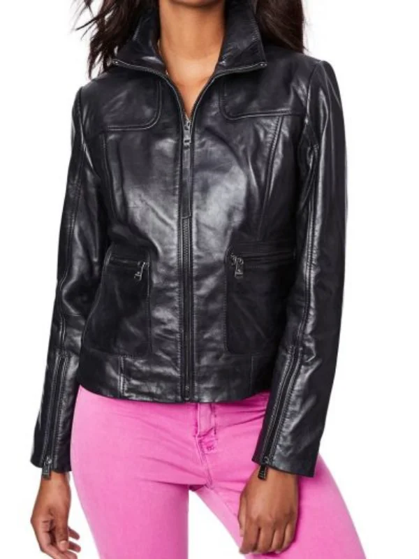 Lambskin Black Leather Collar Jacket For Women