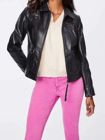 Lambskin Black Leather Collar Jacket For Women