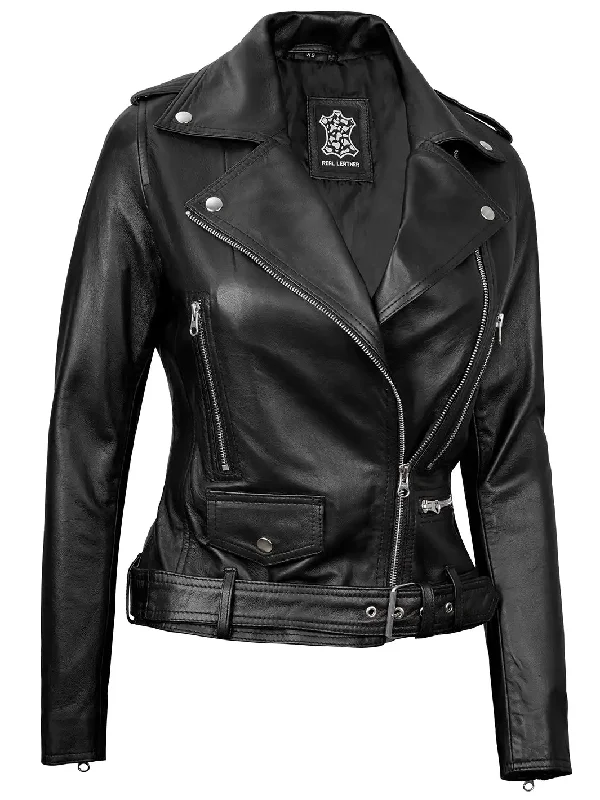 Marcella Womens Black Asymmetrical Cafe Racer Leather Jacket