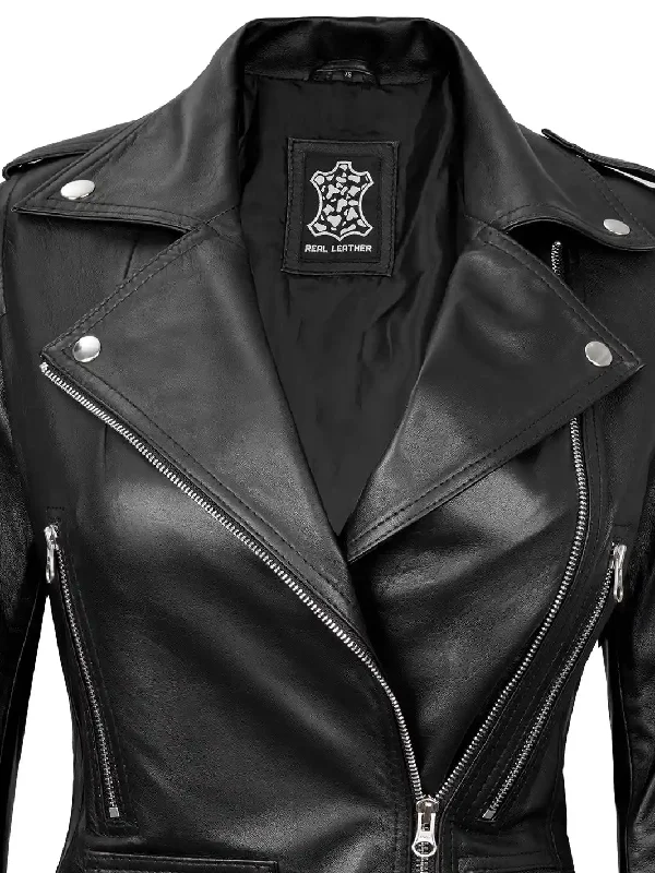 Marcella Womens Black Asymmetrical Cafe Racer Leather Jacket