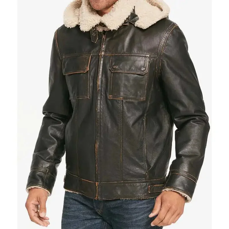 Waxed Hooded Aviator Men's Brown Jacket