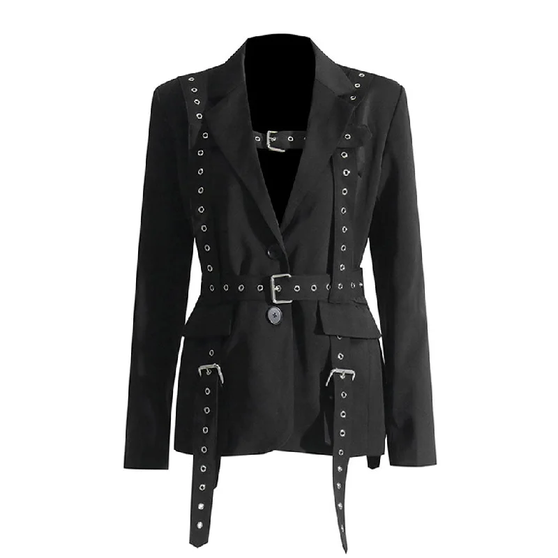 Modern Grommet Eyelet Strappy Buckle Belt Lapel Single Breasted Blazer