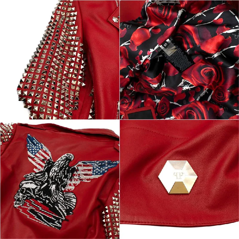 New Red studded Fashion Motorcycle Biker Leather Jacket For Women