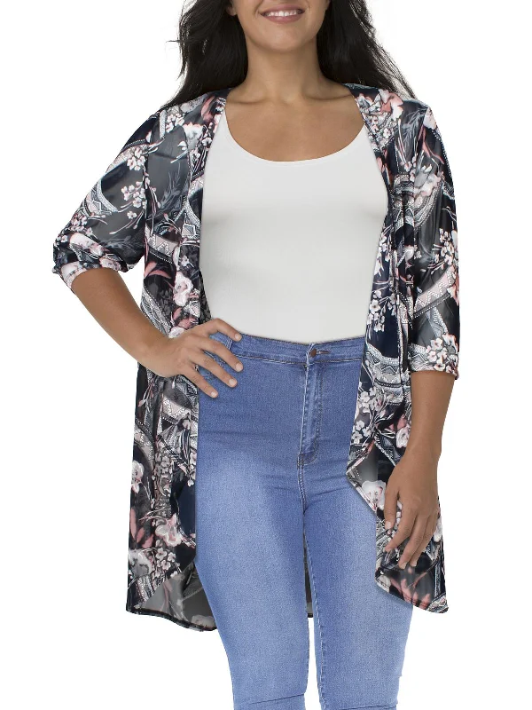 Plus Womens Mesh Printed Duster Blazer