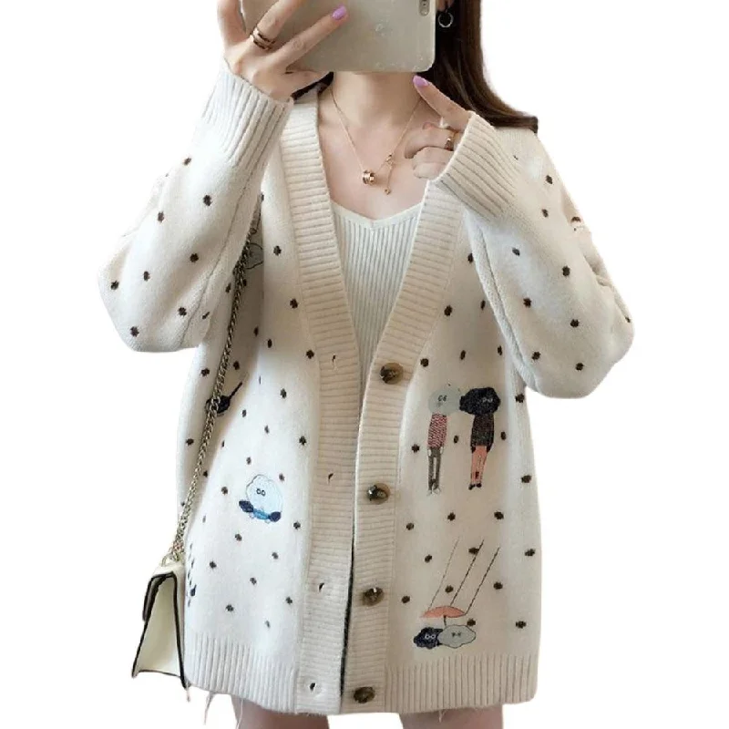 Polka Dot and Clouds Cartoon Women's Cardigan Embroidery V-Neck Long Sleeve Harajuku Kawaii Korean Style Girls Cardigan