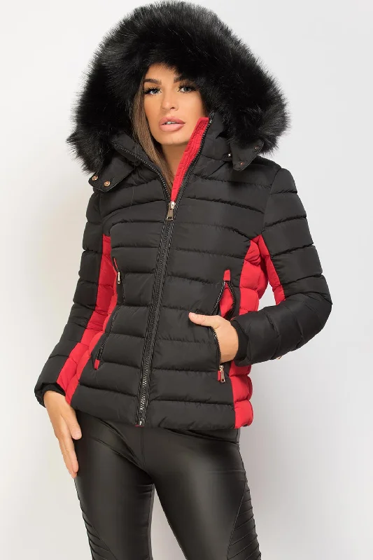 Puffer Jacket With Faux Fur Hood Black And Red