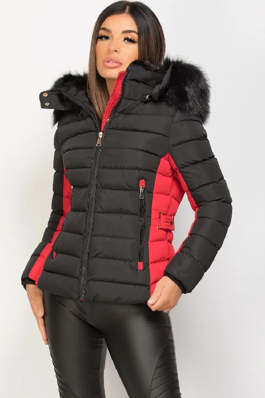 Puffer Jacket With Faux Fur Hood Black And Red