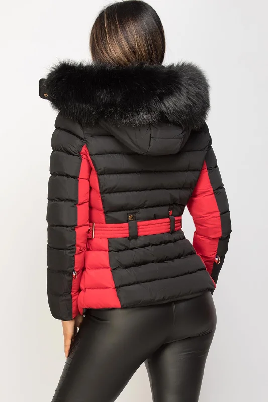 Puffer Jacket With Faux Fur Hood Black And Red