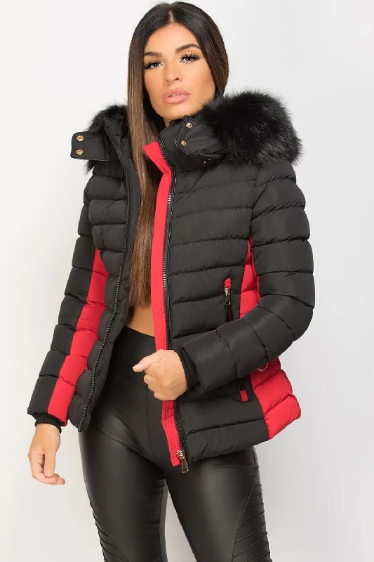 Puffer Jacket With Faux Fur Hood Black And Red