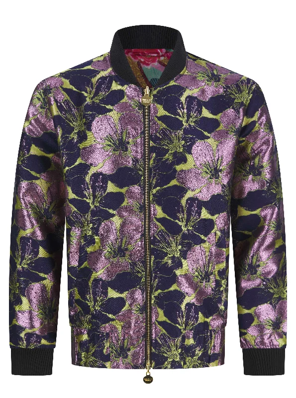 Soot and Ty Purple Floral Jacquard Reversible Statement Bomber Jacket