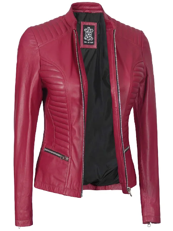 Rachel Women's Pink Cafe Racer Leather Jacket