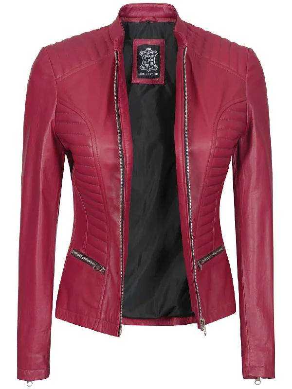 Rachel Women's Pink Cafe Racer Leather Jacket