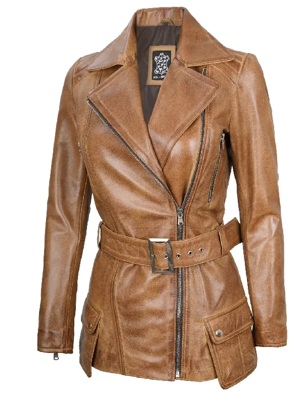 Victoria Asymmetrical Camel Brown Leather Jacket Women