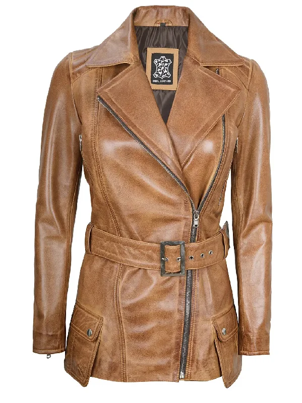 Victoria Asymmetrical Camel Brown Leather Jacket Women