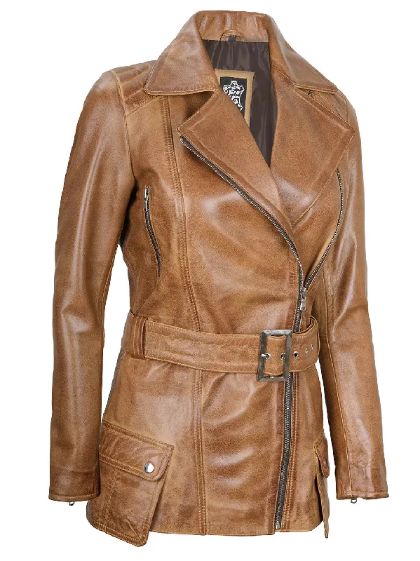 Victoria Asymmetrical Camel Brown Leather Jacket Women