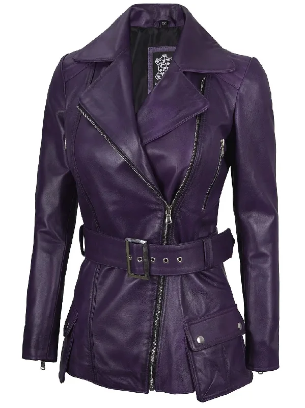 Victoria Asymmetrical Purple Leather Biker Jacket Women