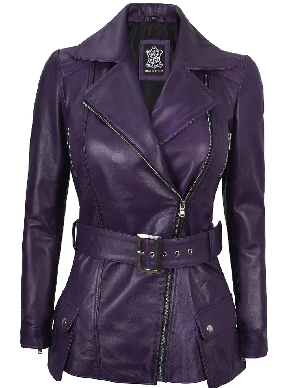 Victoria Asymmetrical Purple Leather Biker Jacket Women