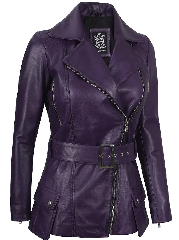 Victoria Asymmetrical Purple Leather Biker Jacket Women