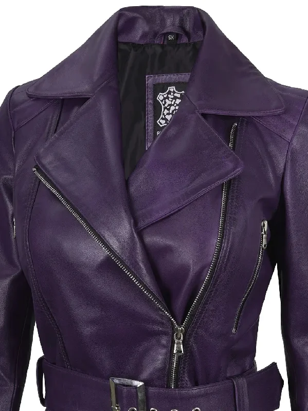 Victoria Asymmetrical Purple Leather Biker Jacket Women