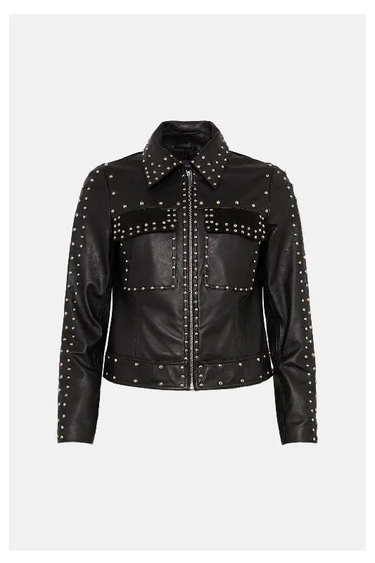 Women Black style Silver Spiked Studded Leather Biker Jacket