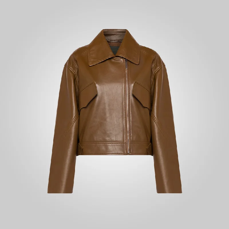 Women Brown Pointed Collar Plain Leather Jacket