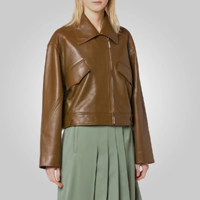 Women Brown Pointed Collar Plain Leather Jacket