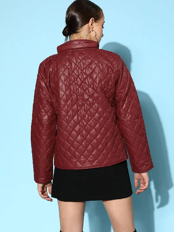 Women Burgundy Quilted Hooded Puffer Jacket