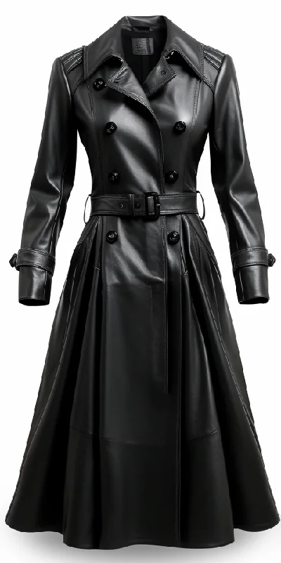 Women Designer Black Long Leather Coat