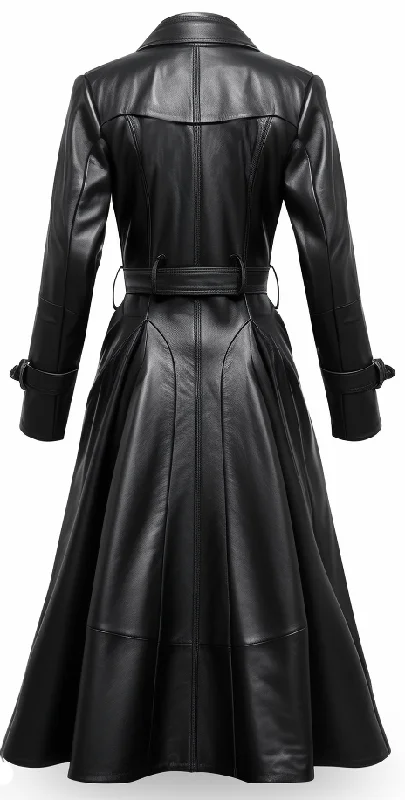 Women Designer Black Long Leather Coat