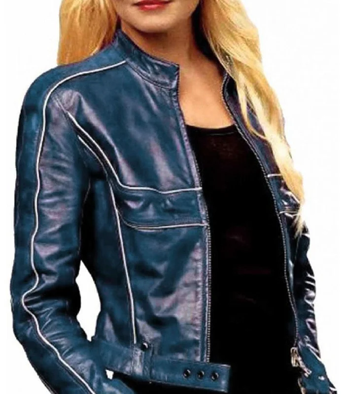 Women Emma Casual Leather Jacket - Navy Blue