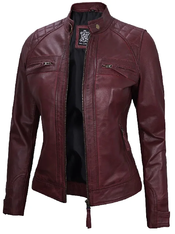 Johnson Women's Maroon Quilted Cafe Racer Leather Jacket