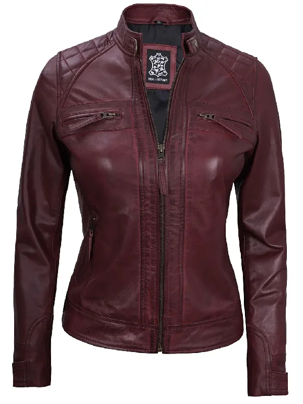 Johnson Women's Maroon Quilted Cafe Racer Leather Jacket