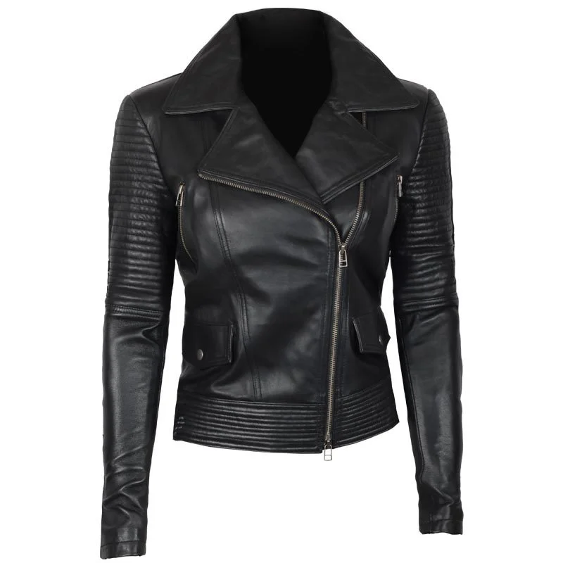 Women's Black Asymmetrical Biker Quilted Leather Jacket