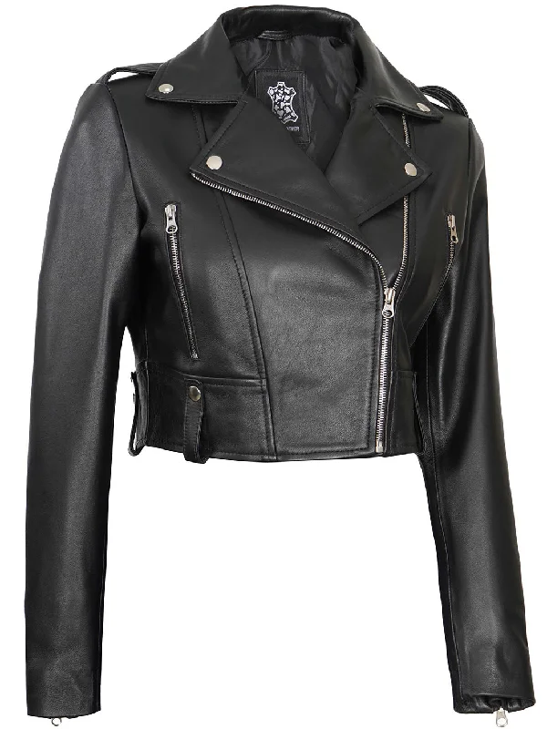 Colleen Women's Black Biker Cropped Leather Jacket