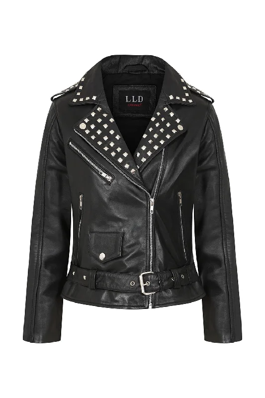 Women's Black Leather ""Rock Chic"" Jacket with Red Lining - Tatiana 1