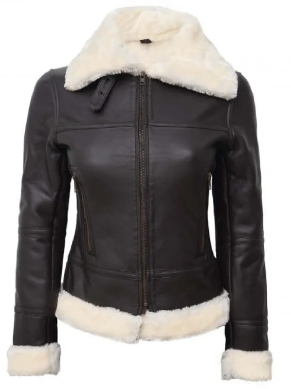 Women's Black Leather Sherpa Shearling Bomber Jacket