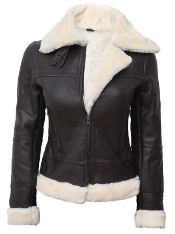 Women's Black Leather Sherpa Shearling Bomber Jacket