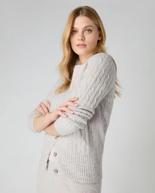 Women's Clara Cable V Neck Cashmere Cardigan Pebble Grey