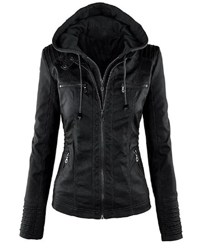 Women's Hooded Black Biker Motorcycle Real Leather Jacket Stylish Slim Fit Black