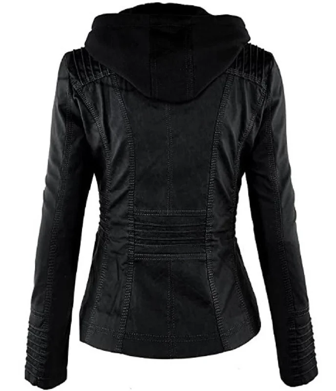 Women's Hooded Black Biker Motorcycle Real Leather Jacket Stylish Slim Fit Black