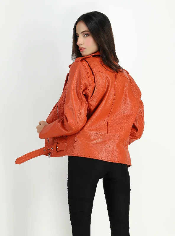 Women's  Moto Style Cowhide Orange Leather Jacket