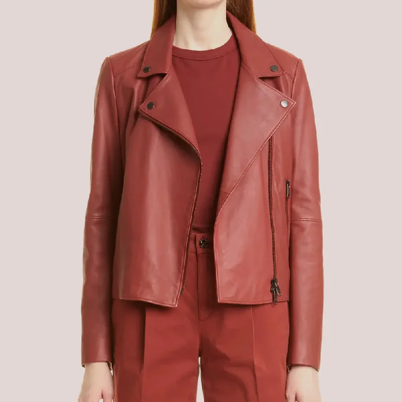 Women's Plain Red Leather Biker Jacket