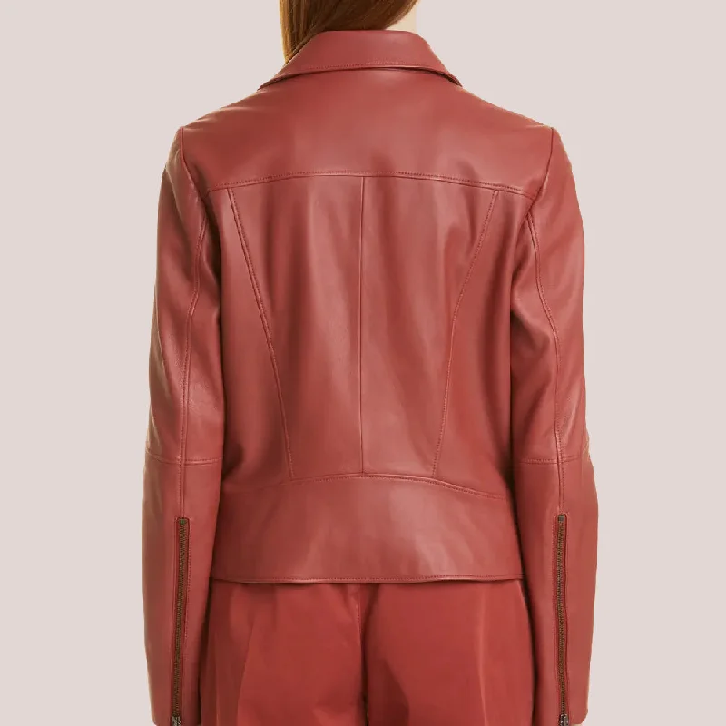 Women's Plain Red Leather Biker Jacket