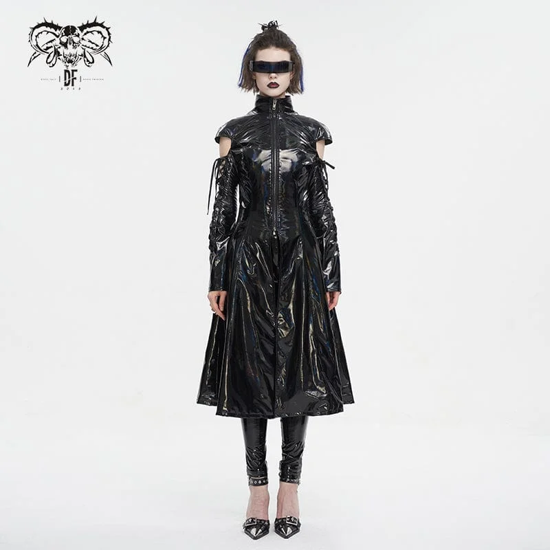 Women's Punk Lace-up Mesh Splice Patent Leather Coat