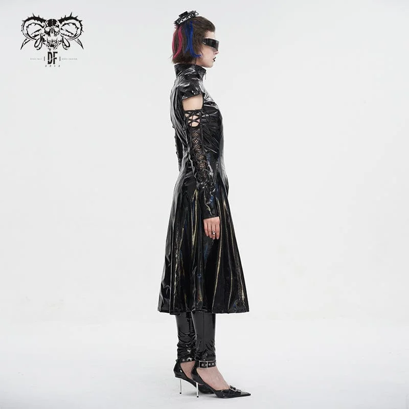 Women's Punk Lace-up Mesh Splice Patent Leather Coat