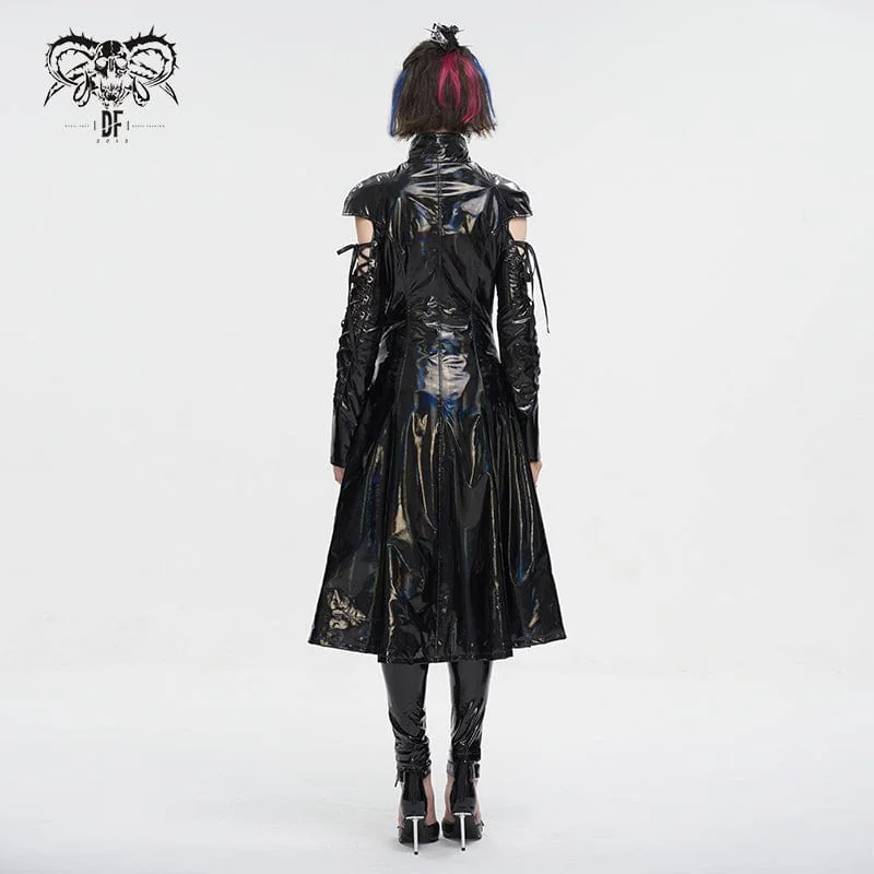 Women's Punk Lace-up Mesh Splice Patent Leather Coat