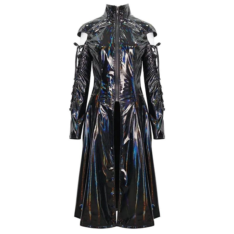 Women's Punk Lace-up Mesh Splice Patent Leather Coat