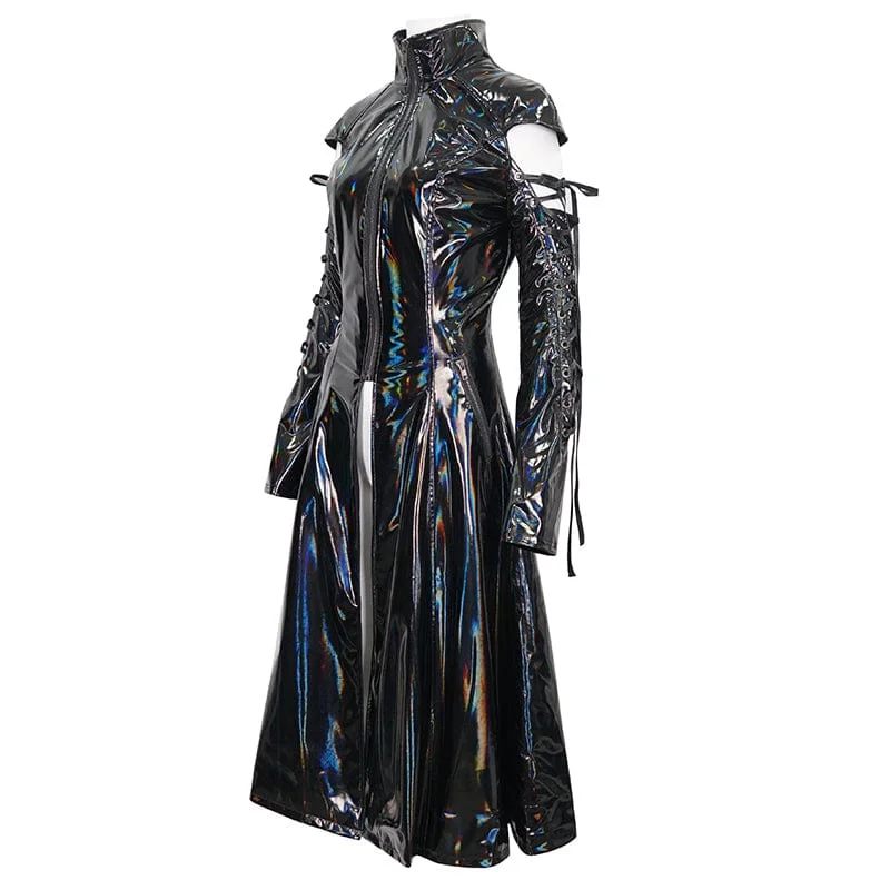 Women's Punk Lace-up Mesh Splice Patent Leather Coat