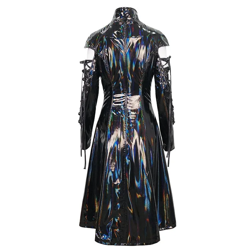 Women's Punk Lace-up Mesh Splice Patent Leather Coat